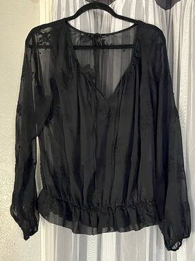 Guess Sheer Black Long-Sleeve V-Neck Blouse - Women Tops